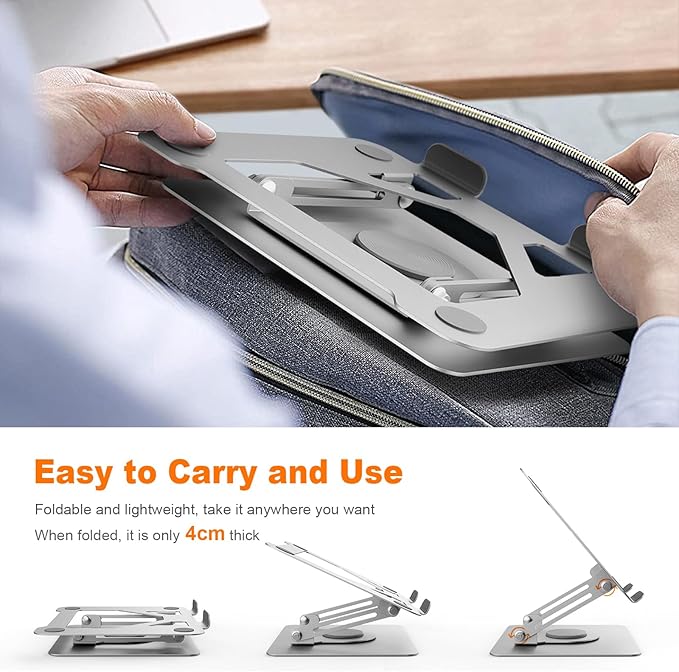GRIFEMA Laptop Stand for Desk, Foldable Laptop Riser with 360° Swivel Base, Adjustable Height & Angle, Ventilated Computer Stand Compatible with MacBook Air/Pro, Dell, and 11-17" Laptops - Silver