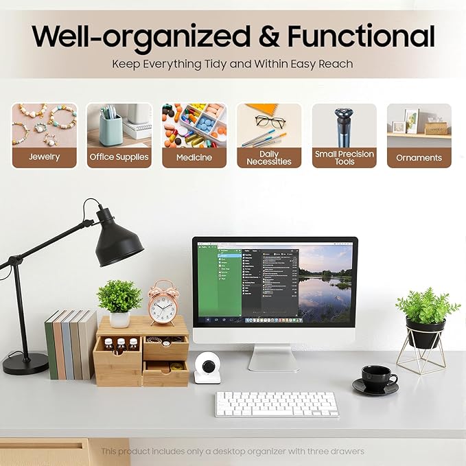 Bamboo Desk Organizer 3 Drawers Tabletop Storage Organization Box, No Assembly Needed for Home Office Storage, 12.99 * 7.48 * 6.3in (1 left & 2 right)