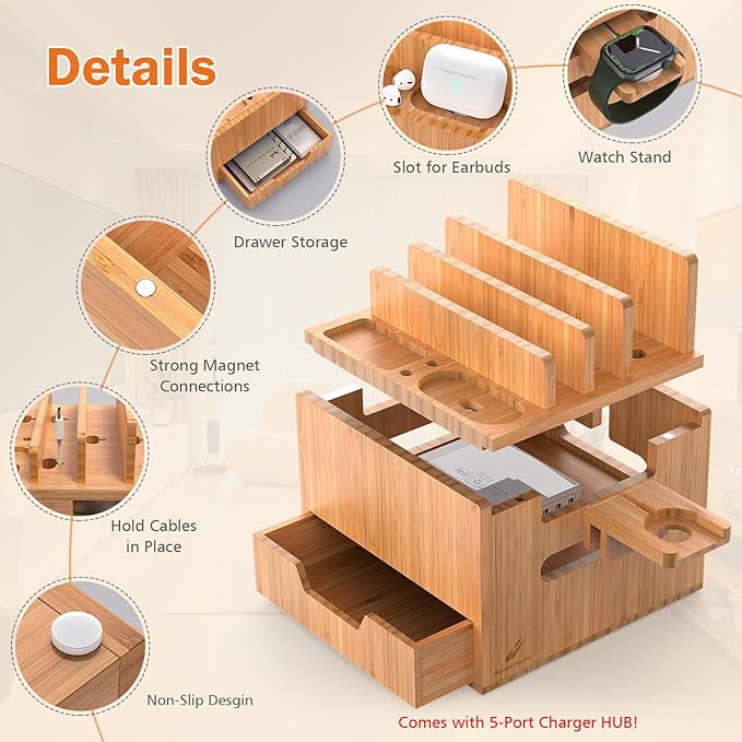 Pezin & Hulin Multi Device Charging Station, with Charger HUB Adapter, All in One Large Dock Organizer with Drawer Storage, Compatible with Phones, Tablets, Earbuds (5 Mixed Cables Included)