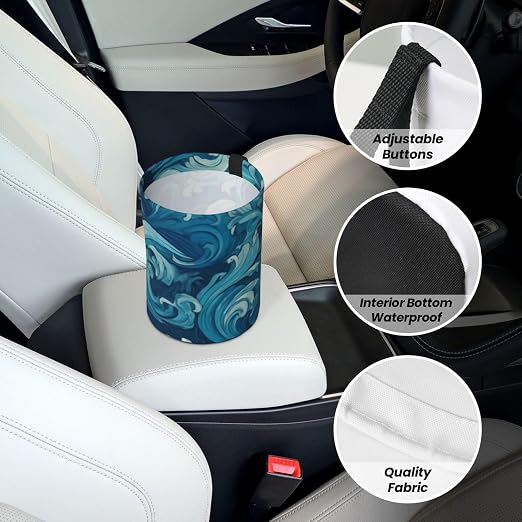 Small Car Trash Can, Ocean Waves Design Hanging Foldable Car Trash Bag, Waterproof Leakproof Garbage Bin, Car Interior Organizer Accessories