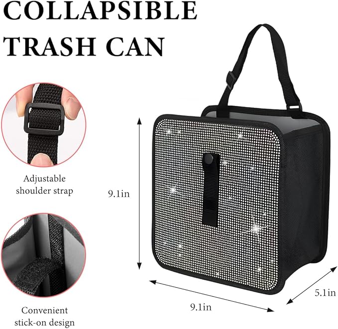 Car Foldable Trash Can, Bling Rhinestone Oxford Garbage Container Hanging Waterproof Organizer, Mini Crystal Dustbin Waste Basket Leakproof Trash Bin for Car Office Kitchen (AB)
