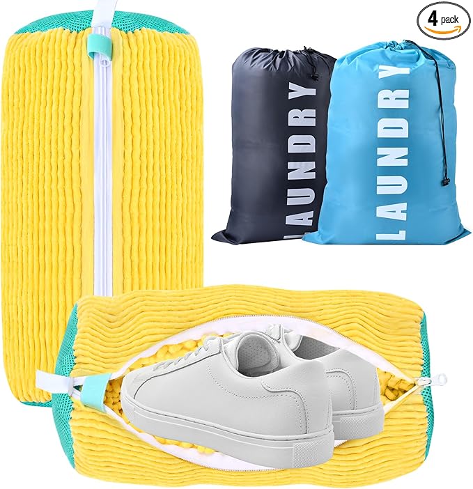 2Pack Shoe Laundry Bags + 2Pack Travel Laundry Bags, Large Bags for Camping & Traveling, Sneaker Washing Machine Bag Laundry Storage & Organization for Home
