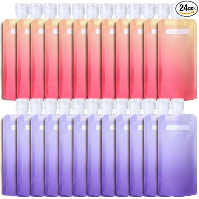 PACKISM 24 Pack Travel Pouches for Toiletries - 3 oz Leak Proof TSA Approved Liquid Containers, Squeeze Bags for Shampoo Lotion, Space Saving Refillable Carriers, Gradient Purple Cherry Yellow