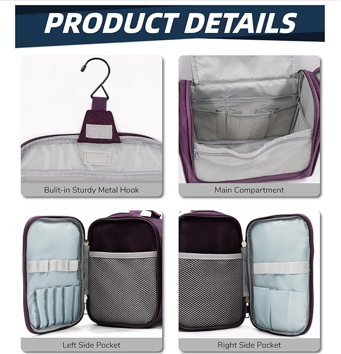 Buruis Hanging Toiletry Bag for Women and Men, Large Water-Resistant Makeup Organizer with Sturdy Hook, Lightweight Nylon Dopp Kit for Full-Sized Toiletries & Cosmetics, Purple