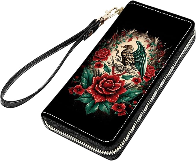 Mexican Flag Mayan Aztec Totem Print Women Large Capacity PU Leather Zip Around Wallet, Multifunctional Clutch Purse for Cash/Card/Coin/Smart Phone