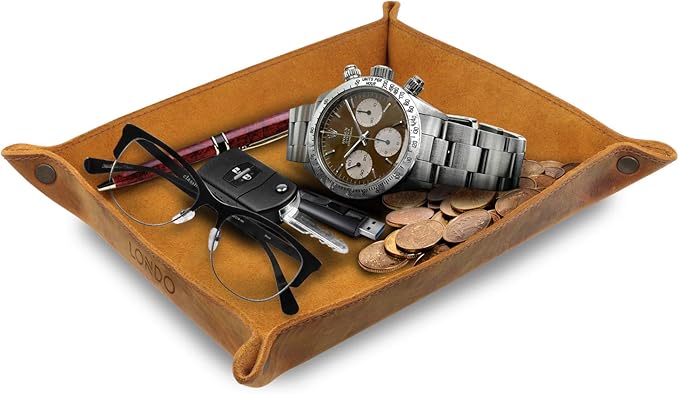 Londo Genuine Leather Tray Organizer - Practical Lightweight Water Resistant Computer Table Desk Storage Box for Wallets, Watches, Keys, Coins, Cell Phones and Office Equipment