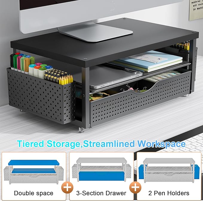 gianotter Wood Monitor Stand Riser, Office Desk Shelf Organizer, Desk Organizer with Drawer and Pen Holder, 2-Tier Computer Stand, Office Organization (Ink)