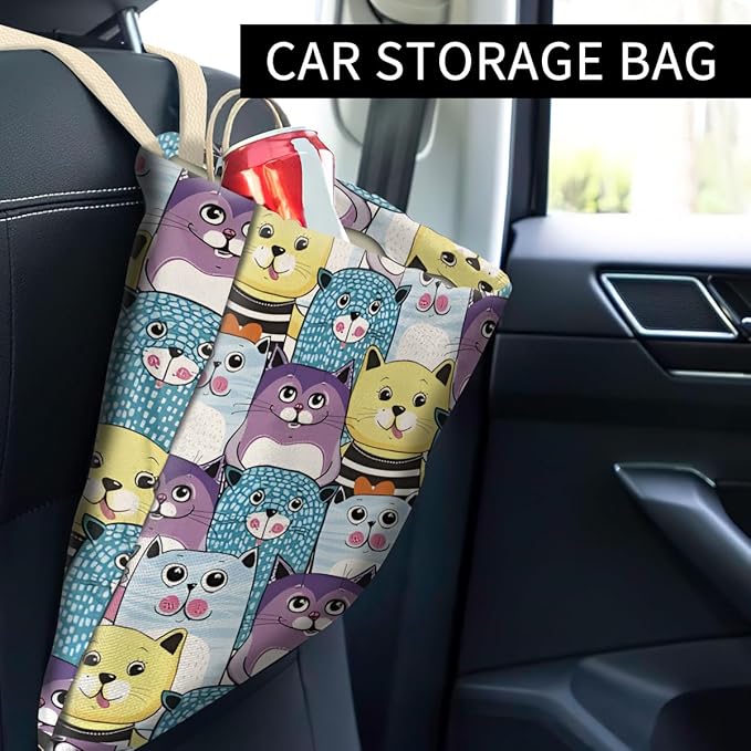 Car Trash Can, Cute Car Trash Bag, Hanging Car Organizer and Storage Bag, Trash Bin for Car Accessories, Vehicle, Travelling, Camping Cute Cartoon Cats