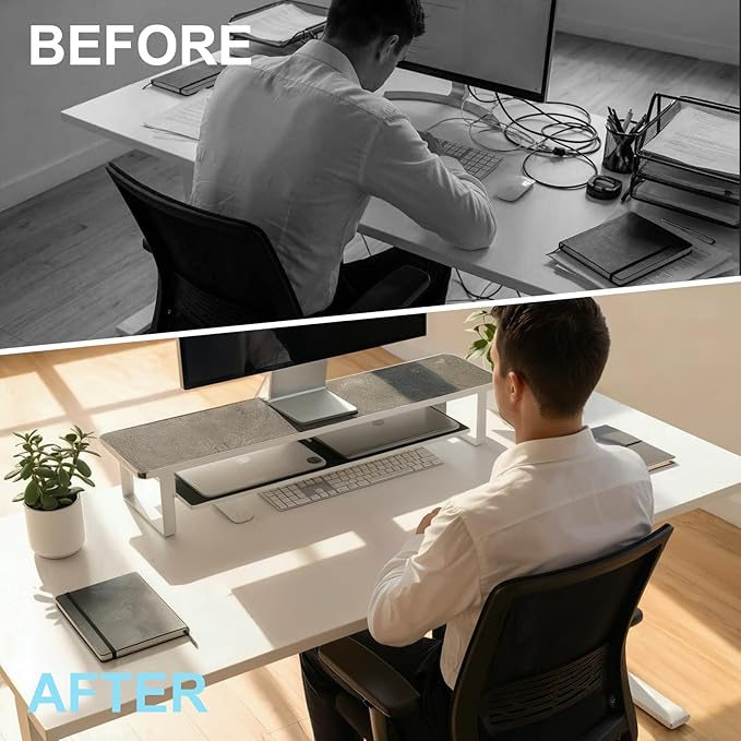 Carbon Steel Dual Monitor Stand Riser, 31.5 Inch Extra Wide & Thick Heavy Duty 2 Tier Desktop Organizer with Pull Out Storage Drawer, Ergonomic Desk Stand for Curved & Gaming Monitors Home Office