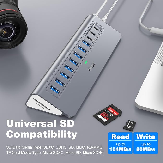 Powered USB Hub 10Gbps, Intpw YH9AC Plus 13 Port USB 3.2 Hub(USB A/USB C 3.2+6 USB-A 3.0+2 PD 45W Fast Charging Port+SD/TF Card Reader), 65W Power Adapter,Aluminum USB HUB for PC,Laptop,iPhone 17/16