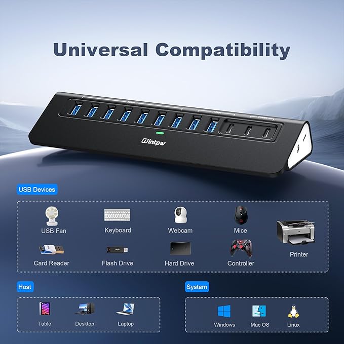 Powered USB Hub 10Gbps, intpw YH9AC 12-Port USB C Hub with 10Gbps USB C 3.2, 2 USB A 3.2, 7 USB 3.0, 2 PD 45W Charging Port, 65W Power Adapter + 3.3FT Cable, Aluminum USB Hub for Laptop/iPhone16/15/PC