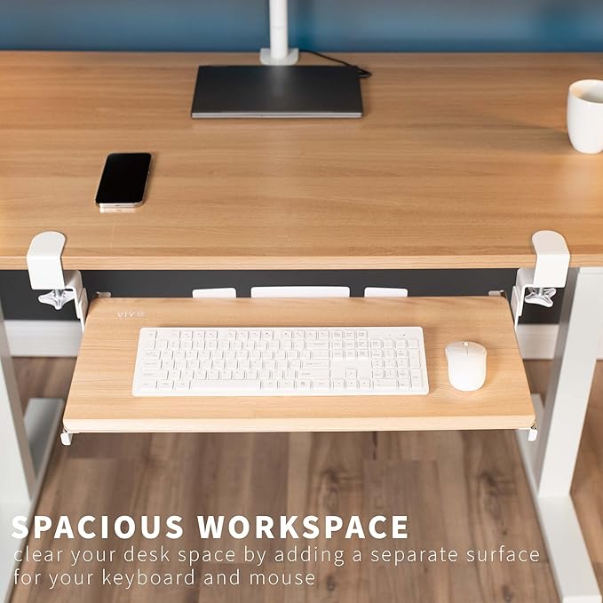 VIVO Large Height Adjustable Under Desk Keyboard Tray, C-clamp Mount System, 27 (33 Including Clamps) x 11 inch Slide-Out Platform for Typing, Light Wood, MOUNT-KB05HA