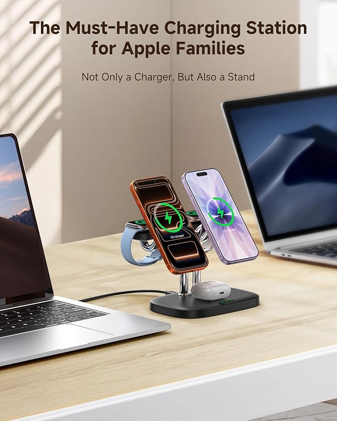 Magnetic 5-in-1 Wireless Charging Stand, Dual Phone & Dual Apple Watch Charger, 5W for Apple Watch Fast Charging Station, Compatible with iPhone 17-12, for Apple Watch Ultra/11-7, SwanScout 902M