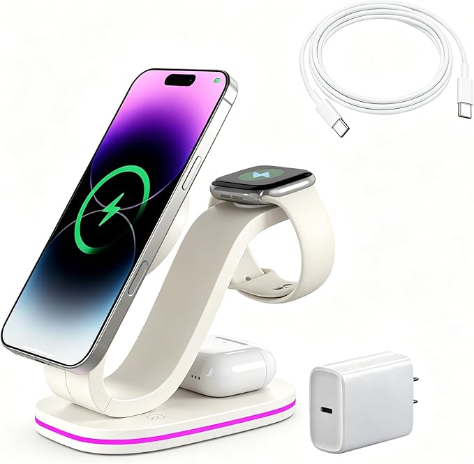 2026 New Fast 15W 3 in 1 Charging Station for iPhone Compatible Magnetic | Wireless Charger Station for iPhone 17 16 15 14 13 12, AirPods and iWatch Series, 35W Charger Included