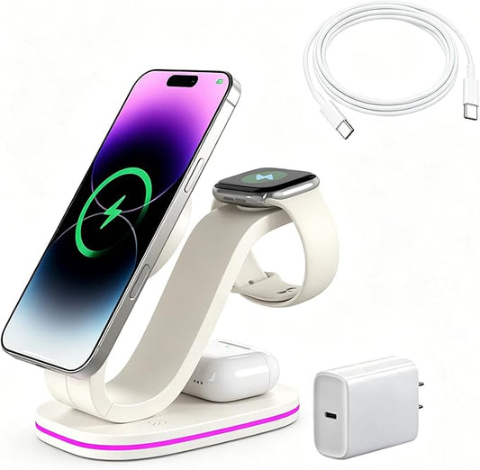 2026 New Fast 15W 3 in 1 Charging Station for iPhone Compatible Magnetic | Wireless Charger Station for iPhone 17 16 15 14 13 12, AirPods and iWatch Series, 35W Charger Included