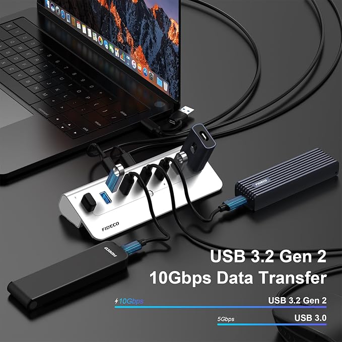 FIDECO Powered USB Hub, 7 Port 10Gbps Fast Data Hub for iPhone 16/15 and Laptop, Full Aluminum USB Splitter with 5V 3A Power Adapter, 4 USB A and 3 USB C Ports, Support BC1.2 Charging (Silver)
