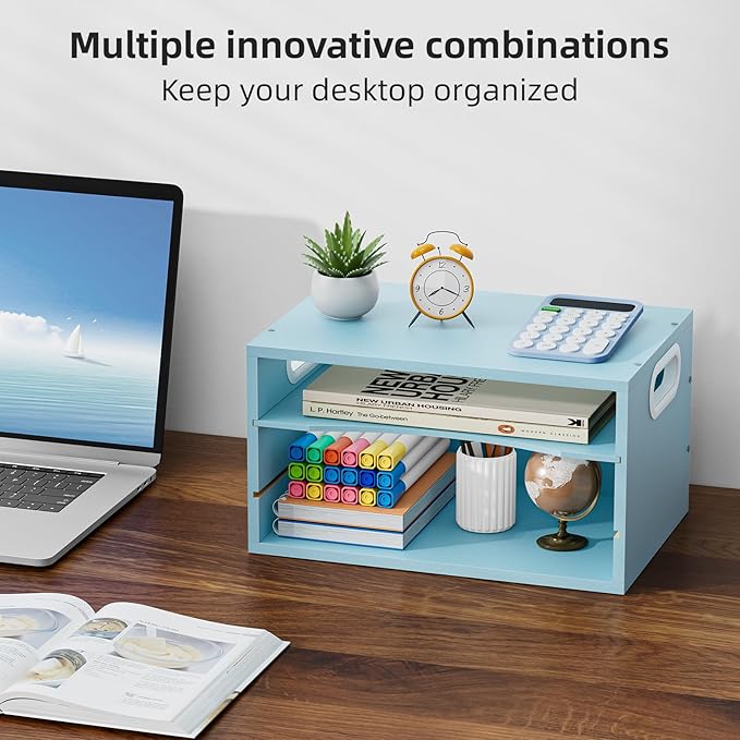 Marbrasse 3-Tier Wood Desk Organizer, Paper Letter Tray Organizer for Desk, Wooden Desktop File Organizer with Handle and Paper Sorter Mail Holder for Office School & Home Supplies Organization-Blue