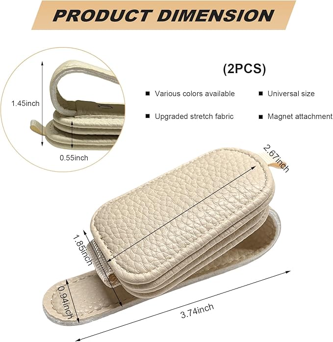 2 PCS Sunglasses Holders for Car Visor, Magnetic Leather Eyeglasses Hanger Mounter Ticket Card Clip, Auto Sun Visor Glasses Holder Business Card Organizer for Men Women (Beige)