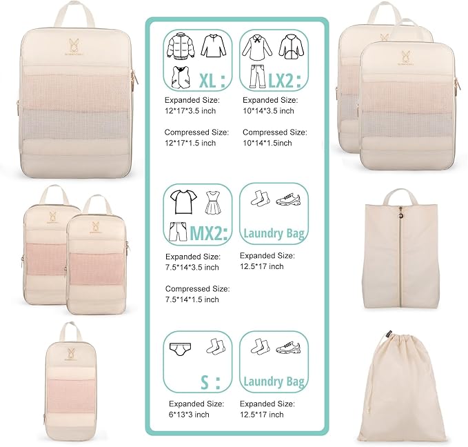 Compression Packing Cubes for Travel, Bunnychill Portable Zipper Packing Cube for Cloting, Expandable Space Saver Storage Luggage Organizer Bags for Suitcases