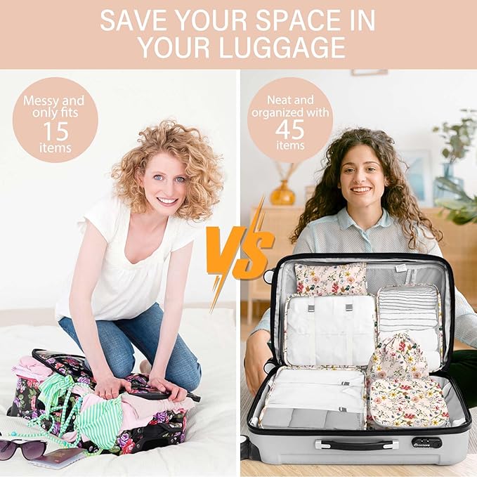 KPX 8 Set Packing Cubes for Travel, Luggage Packing Organizers Accessories Large Toiletries Bag for Clothes Shoes Cosmetics (Retro Flower)