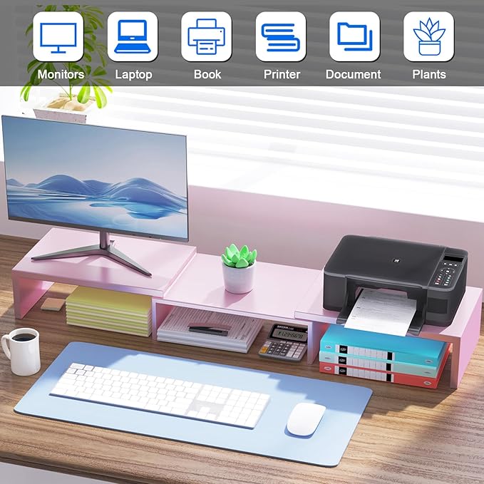 Desk Organizers and Accessories, Dual Monitor Stand Riser, Monitor Desk Shelf for Desktop Organization (Pink)