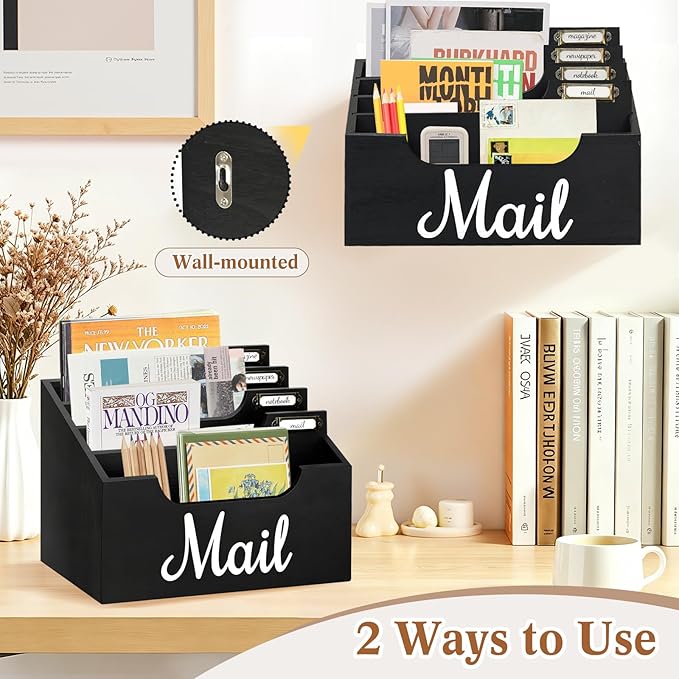 Rustic Wood Mail Organizer Countertop with 4 Slots, Black Mail Holder for Desk, Removable Dividers Mail Sorter, Letter Bill File Organizer for Home Office Classroom, Desktop Organizer with Free Labels