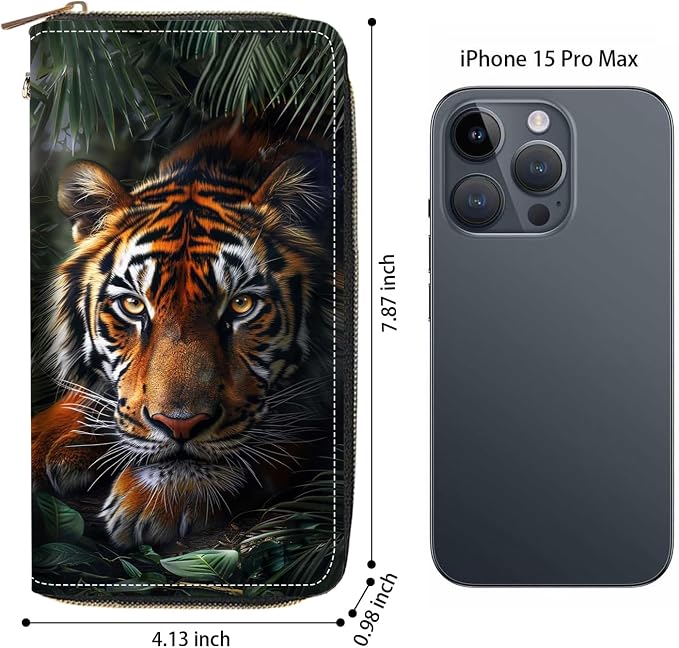 Women's Large Capacity Wallet PU Leather Zip Around Clutch Purse Multifunctional Wallet with Removable Wristlet Strap for Smart Phone/Coin/Card/Cash - Tiger