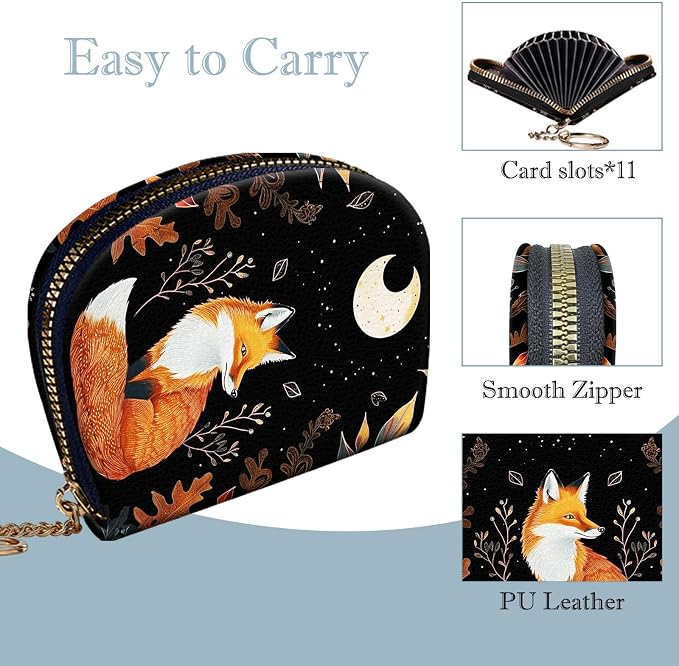 Women's Slim RFID Wallet – Compact Leather Card Holder Wallet for Women, 9 Card Slots RFID Blocking Credit Card Organizer, Small Travel Wallet - Cute Fox Moon with Plants