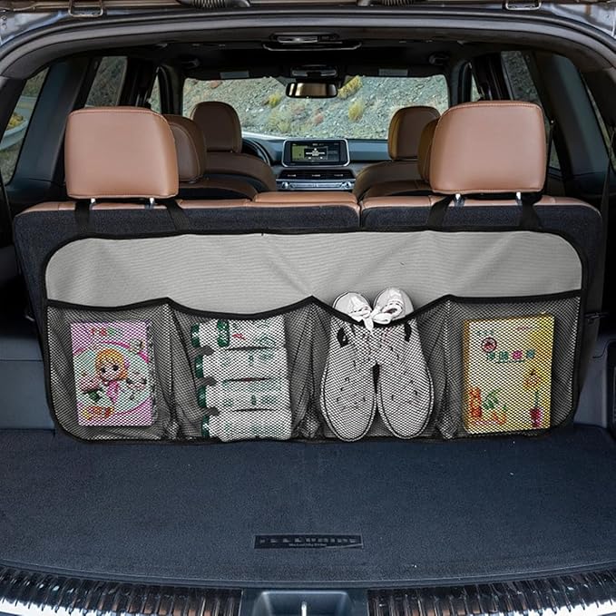 Car Trunk Organizer, Large Capacity Backseat Hanging Storage Bag with 4 Pockets, Waterproof Foldable Car Interior Organizing Accessories, Universal for SUV, Truck, Van, MPV (Grey)