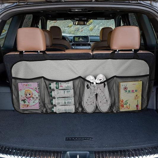 Car Trunk Organizer, Large Capacity Backseat Hanging Storage Bag with 4 Pockets, Waterproof Foldable Car Interior Organizing Accessories, Universal for SUV, Truck, Van, MPV (Grey)