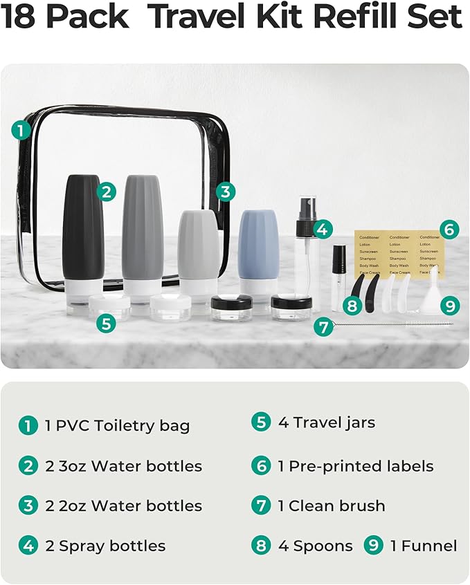 BAGSMART 18 Pack TSA Approved Travel Bottles for Toiletries, Leak Proof Silicone Travel Size Containers Bottles for Shampoo, Earth Tone