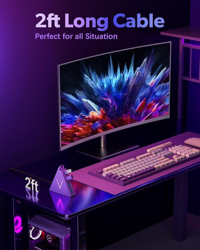 4-Port USB 3.0 Hub, FlyingVHUB USB Hub Tower with 2 ft Extended Cable,USB Splitter for Laptop,PC,PS4,PS5,Xbox,Mouse,Keyboard, Flash Drive,U-Disk (Dark Purple)