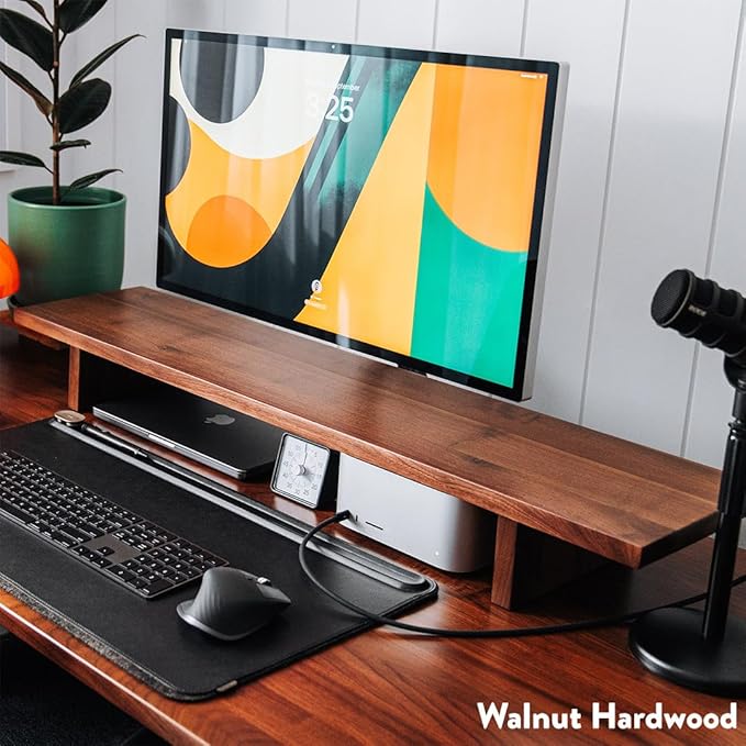 Desky Minimal Monitor Stand – Ergonomic Wood Riser for Single or Dual Monitors, Desk Shelf Organizer to Elevate Screen Height – Natural Walnut Hardwood