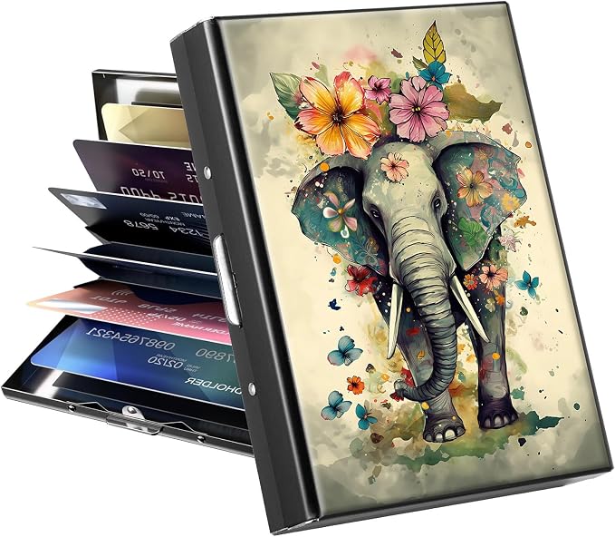 Metal Wallet, Credit Card Holder for Women Men Girls, RFID Blocking Aluminum Wallet Slim Hard Case, Mini Travel Wallet, ID Card Holder Business Card Case,Elephant Flowers