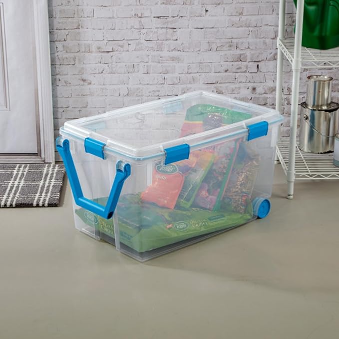 Sterilite 120 Qt Wheeled Gasket Box, Stackable Storage Bin with Latching Lid, Handle and Tight Seal, Plastic Container with Clear Base and Lid, 1-Pack