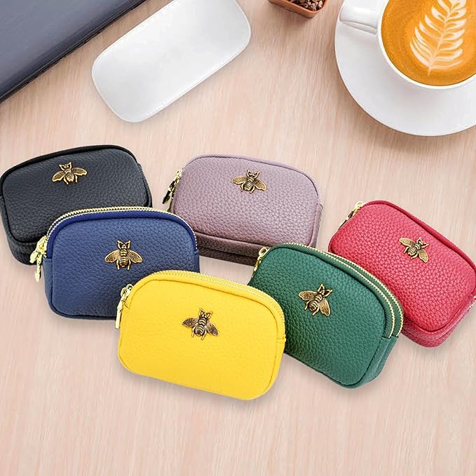 WOZEAH Leather Coin Purse for Women Small 2 Zipper Change Wallet with Key Ring Card Key Coin Cash Holder Pouch(Yellow)
