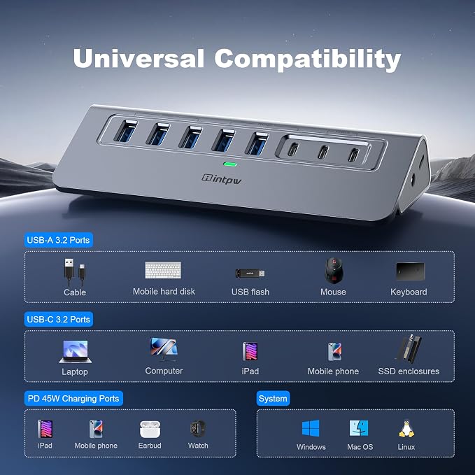 Powered USB Hub 10Gbps, Intpw YH6AC Plus 10 Port USB 3.2 Hub(USB A/USB C 3.2+3 USB-A 3.0+2 PD 45W Fast Charging Port+SD/TF Card Reader), 65W Power Adapter,Aluminum USB HUB for PC,Laptop,iPhone 17/16