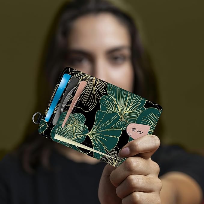 Small Travel Wallets, Art Leaf Slim Minimalist Front Pocket Wallet with Wristlet, RFID Blocking PU Leather Credit Card Holder with ID Window Change Purse for Men Women