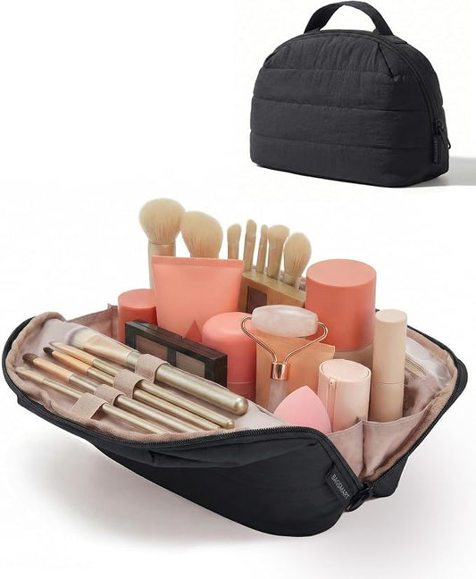BAGSMART Travel Makeup Bag for Women, Portable Fold-down Cosmetic Case, Puffy Padded Make Up Organizer Pouch, Water-resistant Toiletry Bag for Toiletries, Brushes, Black