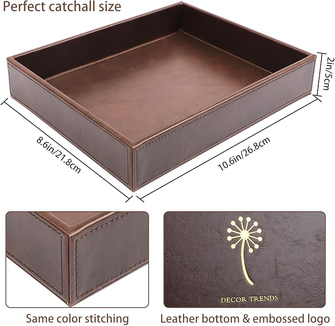 Leather Decorative Vanity Tray, Desktop Storage Organizer, Catchall Tray, Valet Tray, Nightstand or Dresser Organizer Tray for Men Change,Key,Phone,Glasses (Brown)