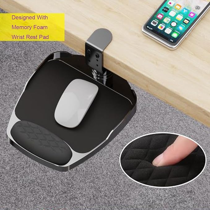 Clamp-on Mouse Tray Under Desk Adjustable Clamp Rotating Wrist Mouse Extended Holder for Desks Computer Platform Tray Padding Arm Rest Pad Black