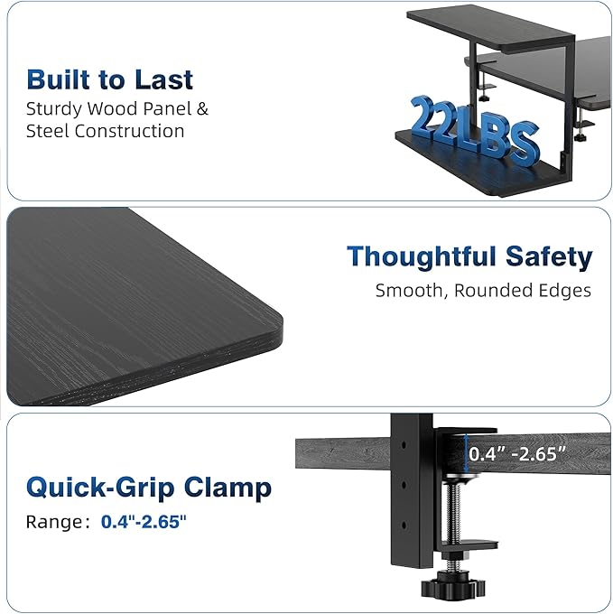 2-Tier Desk Extender, 22-inch Clamp-On Desk Shelf, Height-Adjustable Desktop Shelf Organizer for Monitors Office and Gaming Accessories, Arm Support Table Extension, Black