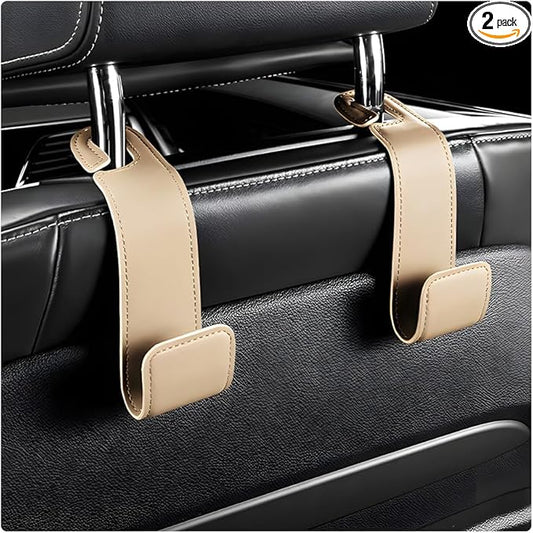 2 PCS Car Seat Headrest Hooks, Microfiber Leather Hanger Holder Hook for Hanging Purse and Bag, Universal Vehicle Back Seat Organizer Hook for Grocery Bag Handbag Coat (Beige)