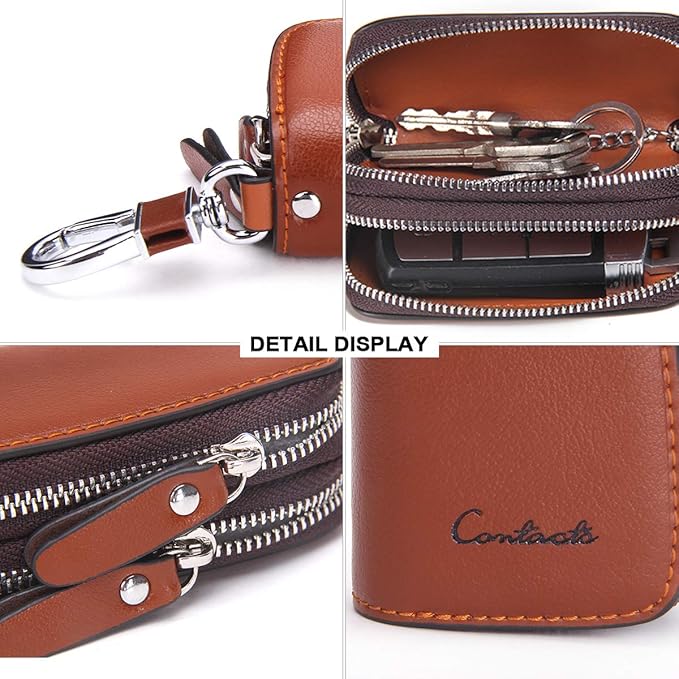 CONTACTS Car Key Case Small Leather Double Zipper Key Holder with 4 Keyrings Keys Organizer for Men Women