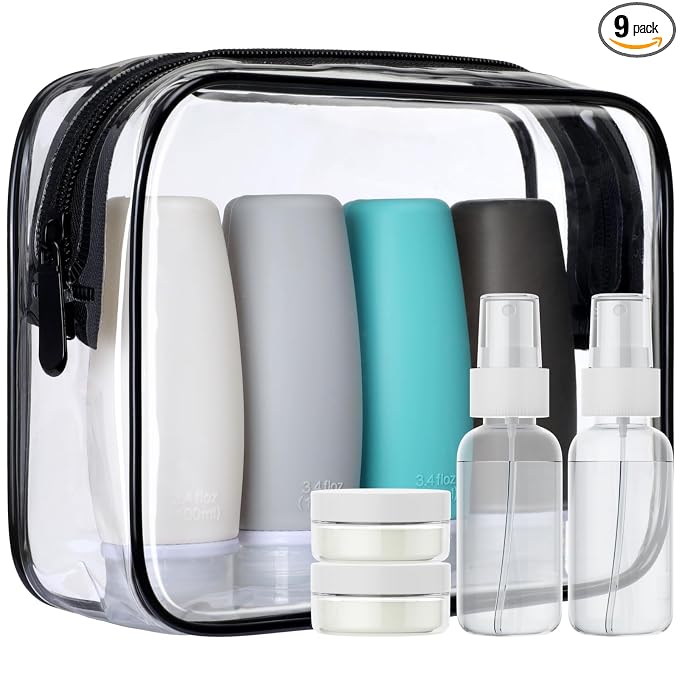 PACKISM 9 Pack TSA Approved Toiletry Bag with Bottles - Leakproof 3.4oz Silicone Travel Container Kit for Toiletries, Clear Quart Size Bag for Shampoo Conditioner Lotion (BPA Free)