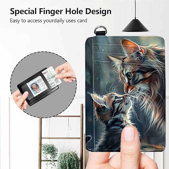 Slim RFID Blocking Card Holder Wallet with Wrist Strap - Minimalist Front Pocket Wallet, Two Cats Design, PU Leathe, for Men & Women, Ideal for Travel & Gifts