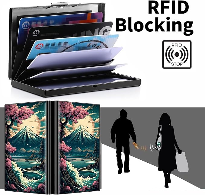 Metal Wallet, Credit Card Holder for Women Men Girls, RFID Blocking Aluminum Wallet Slim Hard Case, Mini Travel Wallet, ID Card Holder Business Card Case,Japanese Cherry Blossom