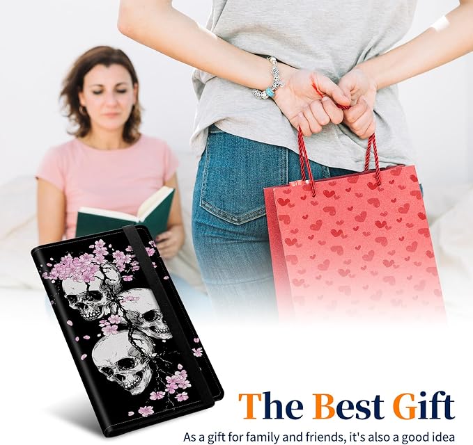 Premium PU Leather Checkbook Cover for Men & Women,RFID Blocking Slim Check Book Holder with Duplicate Check Divider & Pen Holder,Fits Standard Personal Checks,Skull Cherry Blossoms