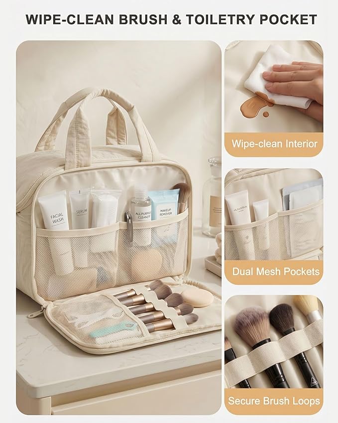 Lightweight Structured Travel Toiletry Bag for Women - Wide-Open Puffer Mini Duffel with Removable Divider, Waterproof Lining, Water-Resistant Exterior, Fits Full-Size Bottles & Shower Essentials
