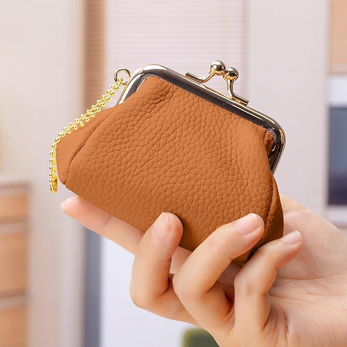 Genuine Leather Coin Purse for Women, Cute Mini Lipstick Holder Case, Small Vintage Kiss Lock Jewelry Storage Organizer Change Bag Pouch (Brown)